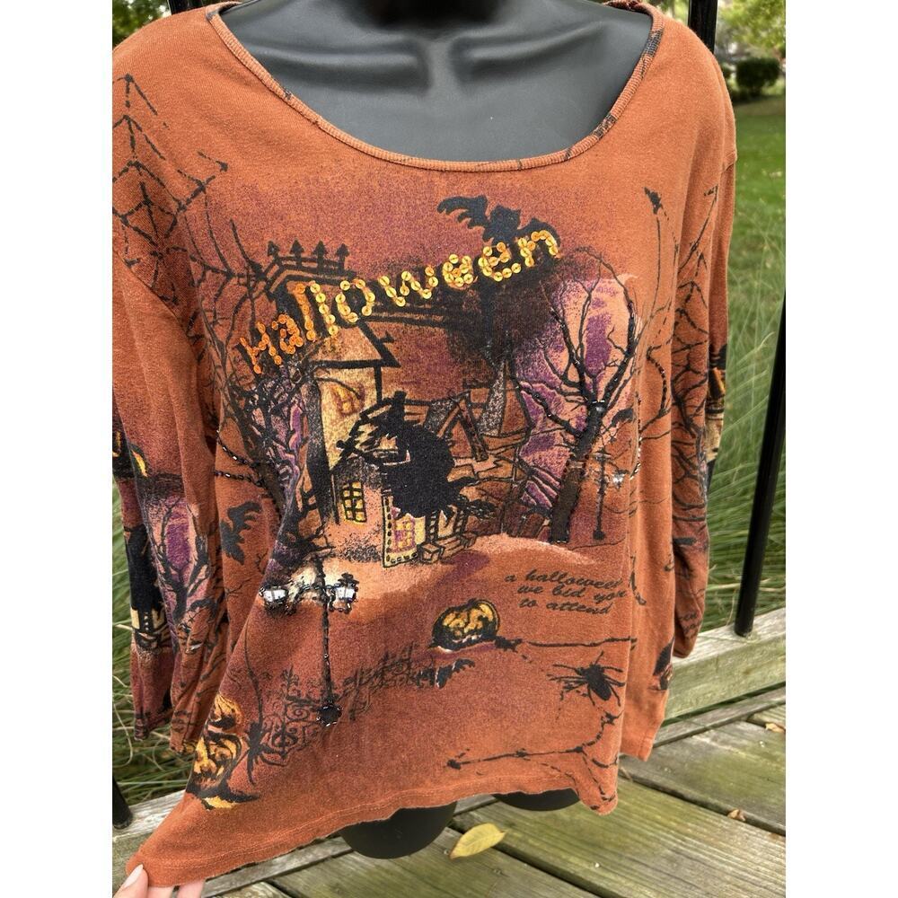 Vtg Y2K Halloween Shirt Jane Ashley Witch Goth Spiders Sequin 1X XL Pumpkin - Picture 2 of 9